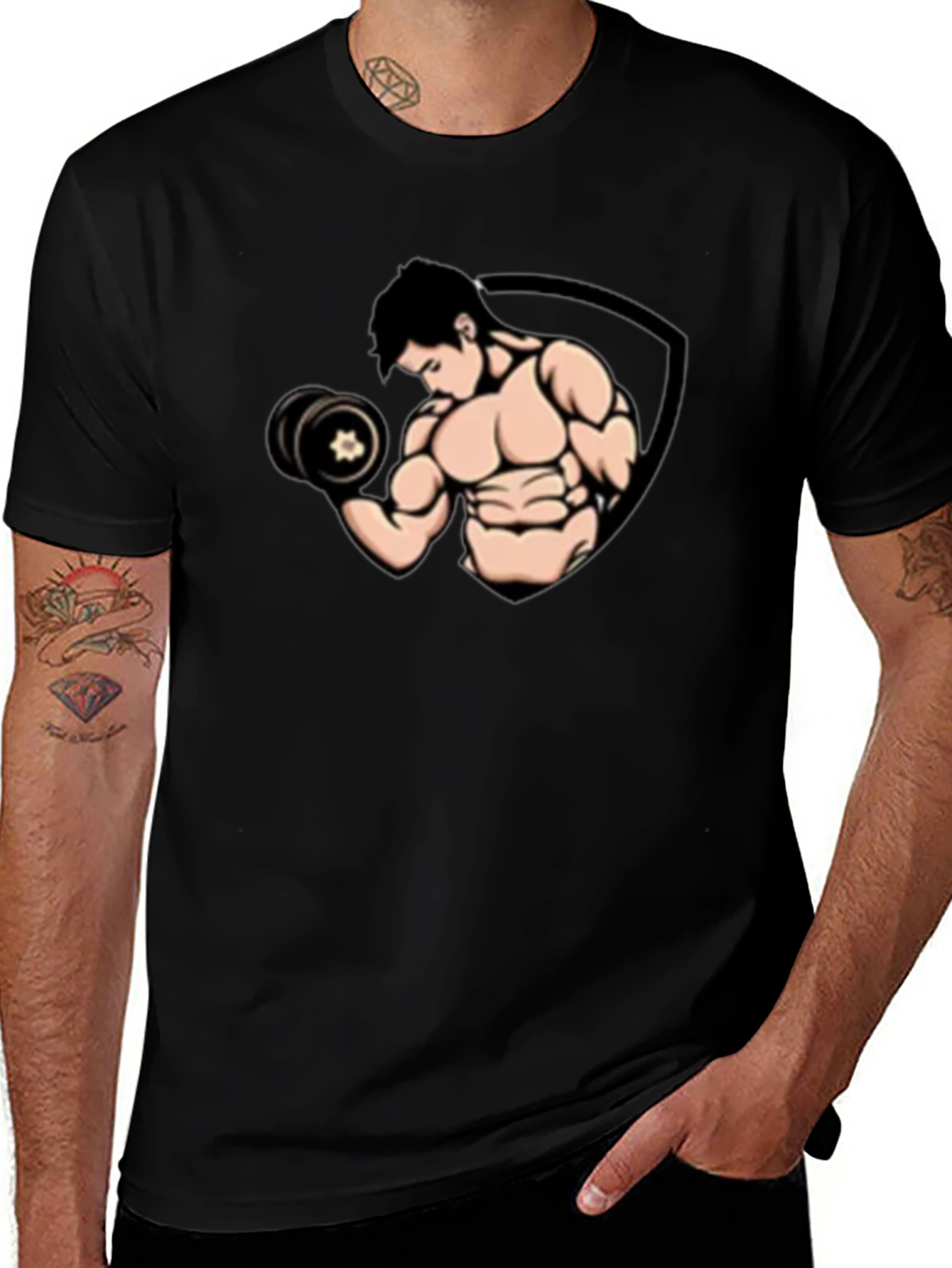 Variant 7 of Black Graphic T-Shirt - Muscled Man Lifting Weights