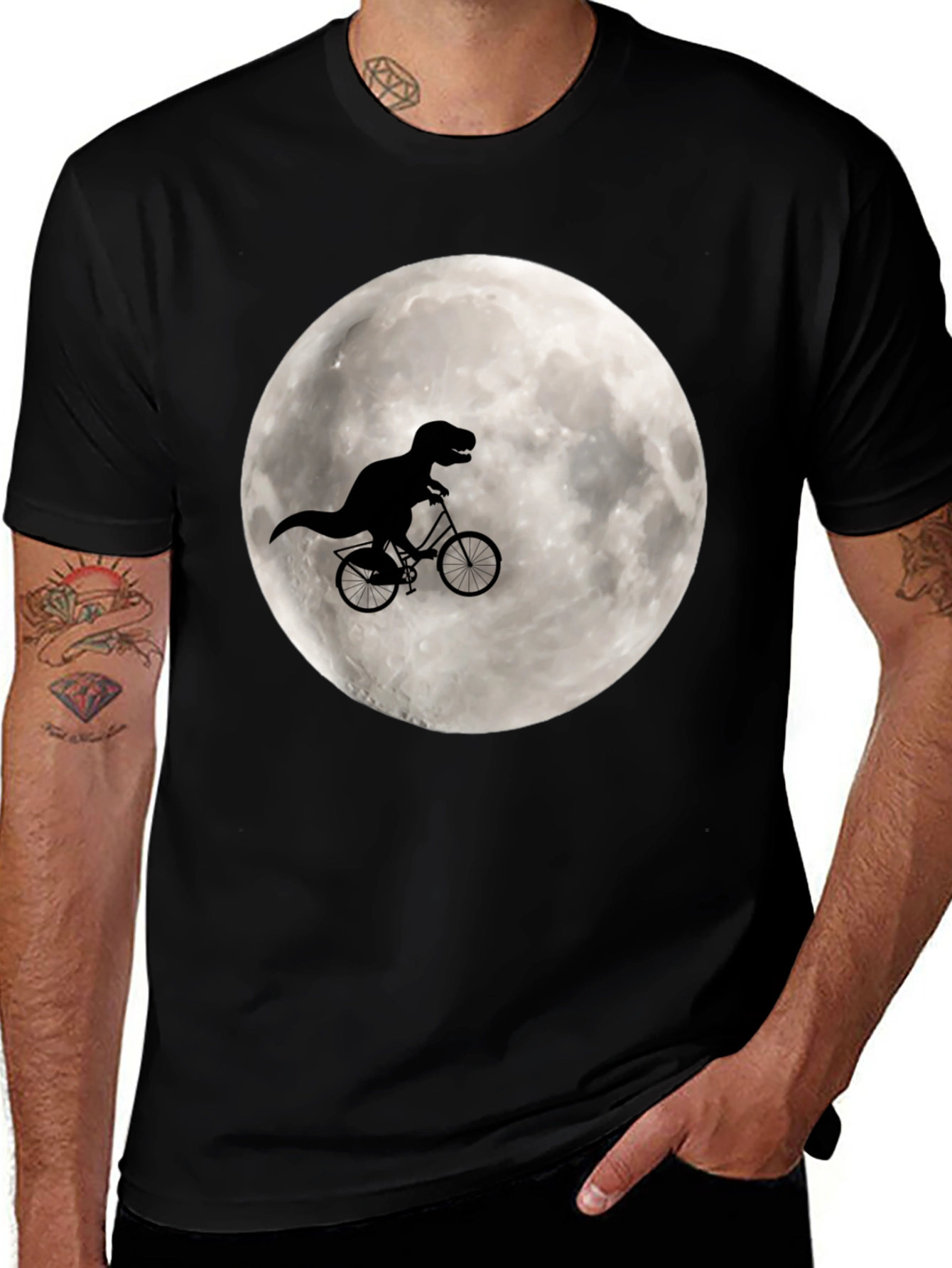 Variant 17 of Dino Biker Tee - T-Rex Riding Bike on Moon Shirt