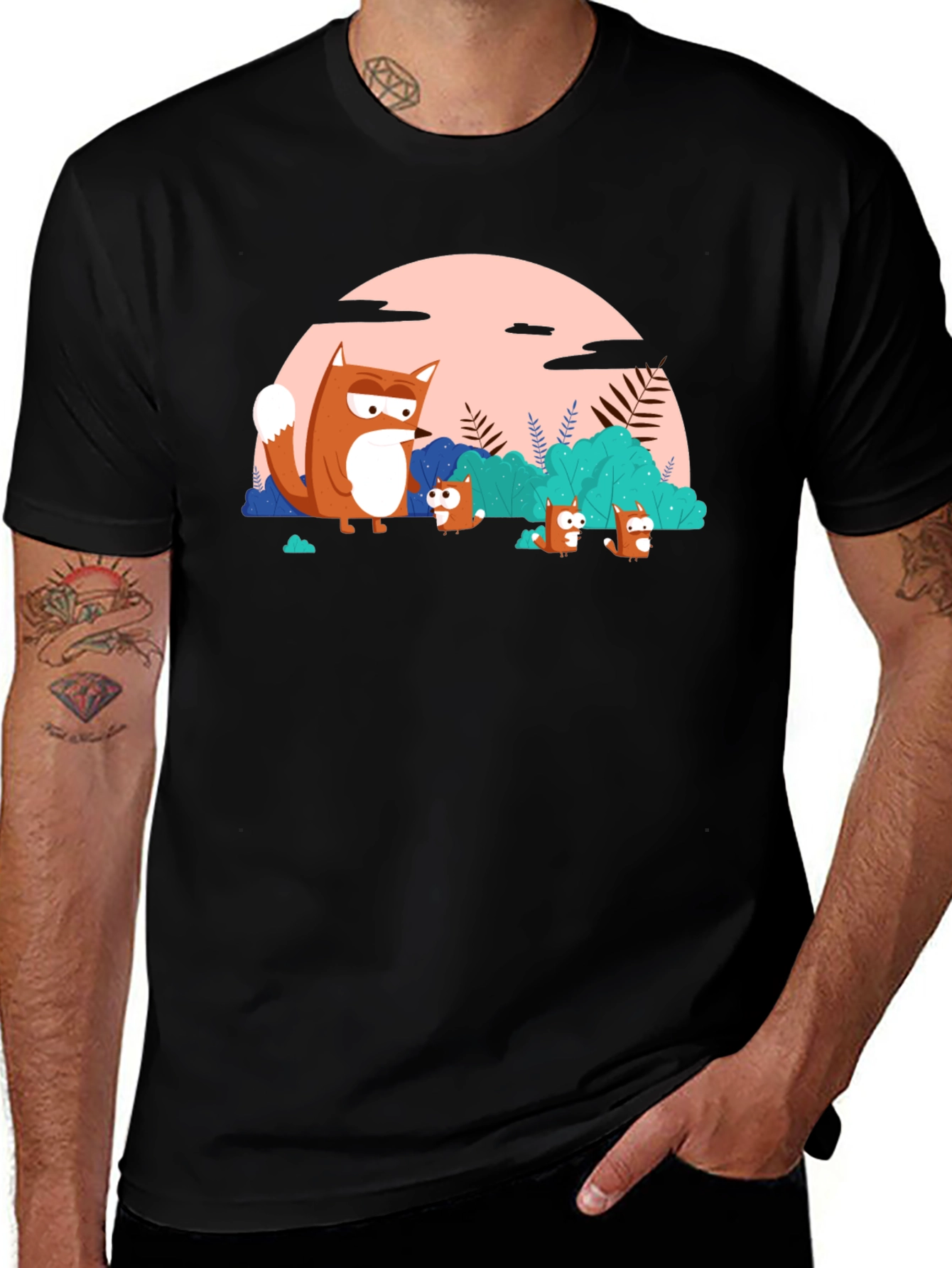 Variant 10 of Cartoon Fox Family Black T-Shirt