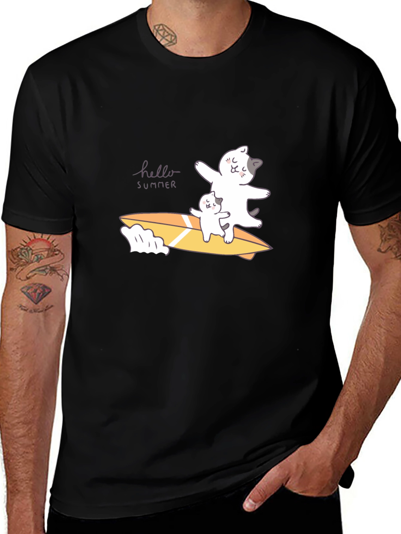Variant 8 of Summer Cats Surfboard Black T-Shirt