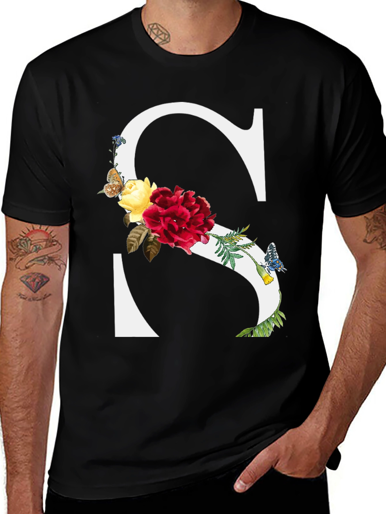 Variant 12 of Floral Letter S Black T-Shirt
