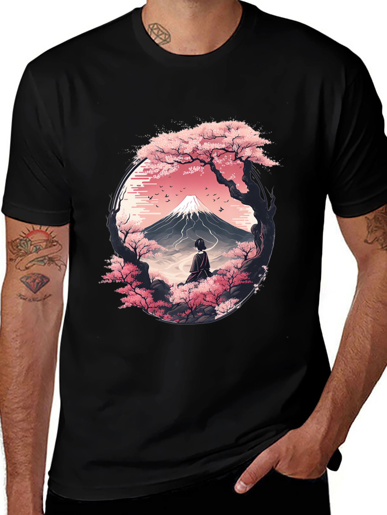 Variant 28 of Sakura Mountain Graphic Tee - Unisex Black T-Shirt