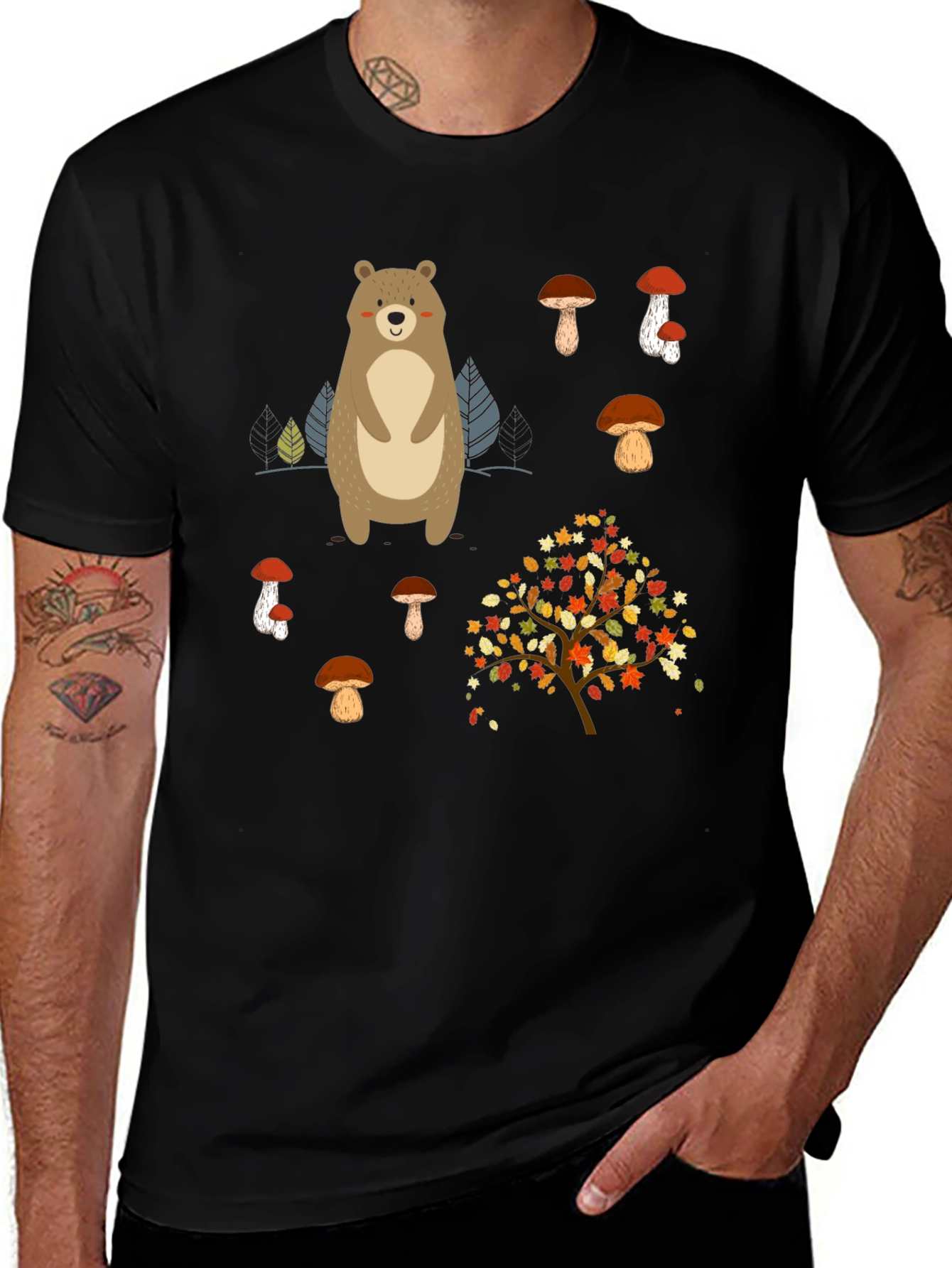 Bear & Mushroom Graphic Tee - Nature Inspired Style