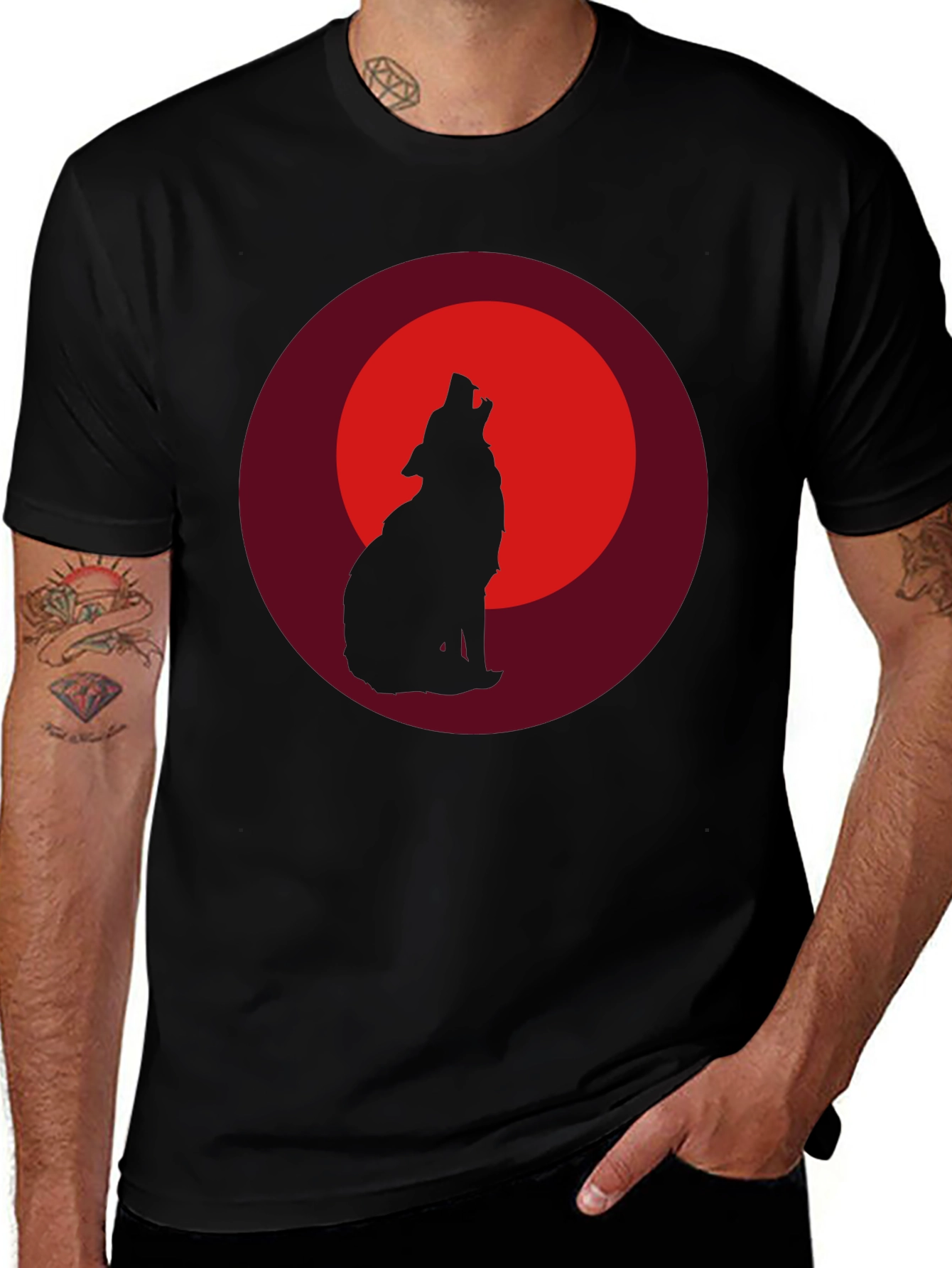 Variant 21 of Wolf Howling at Moon Graphic Tee - Black