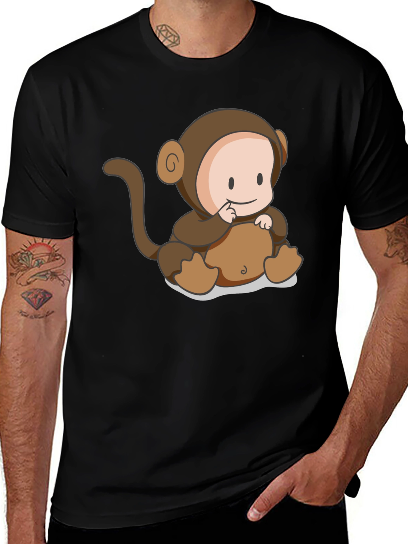 Black Cute Monkey Cartoon Black T-Shirt main image