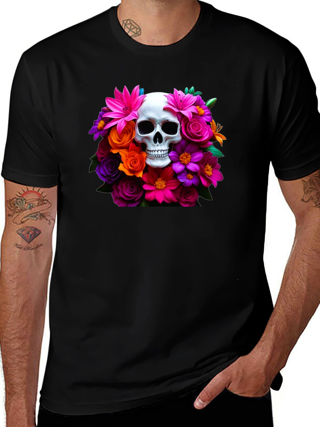 Variant 23 of Floral Skull Graphic Tee - Vibrant Day of the Dead Style