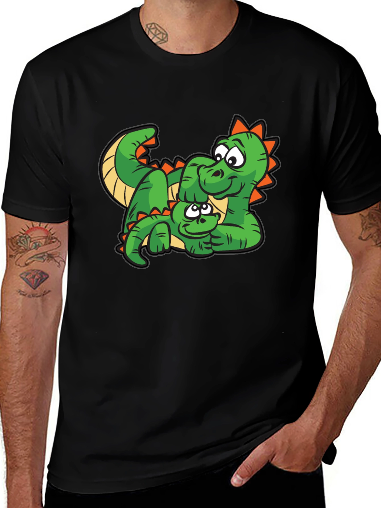 Cartoon Dinosaur Graphic Tee - Black Cotton