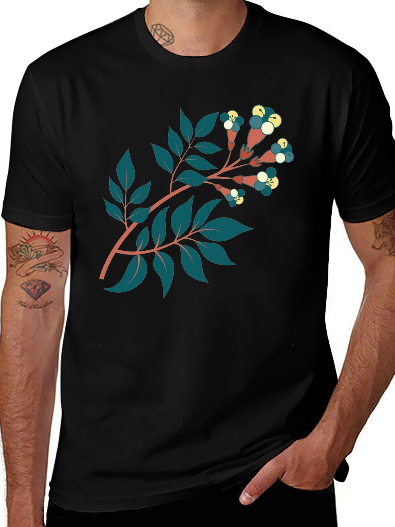 Variant 9 of Floral Branch Graphic Black T-Shirt