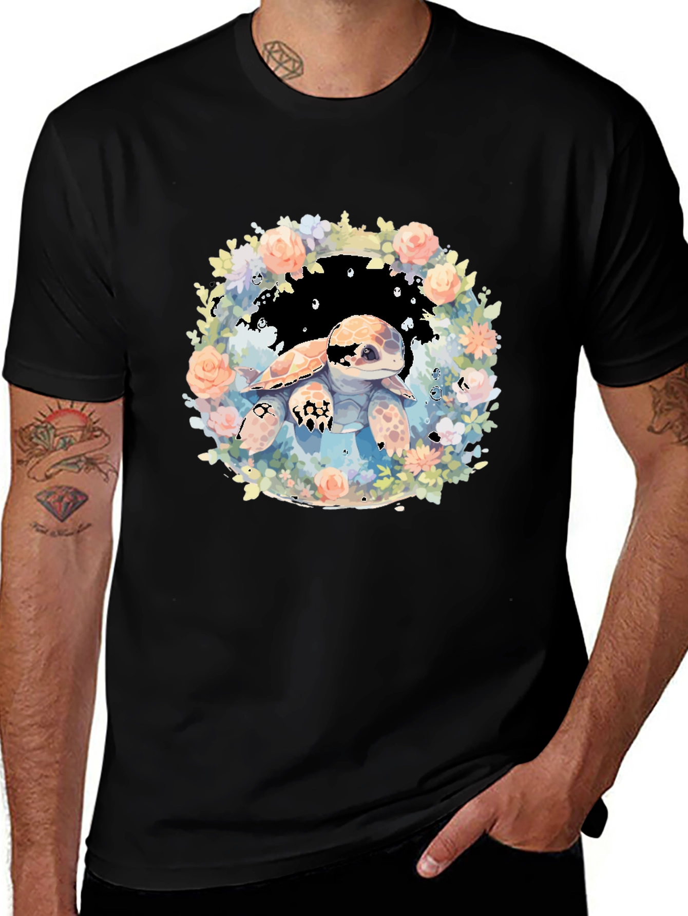 Variant 17 of Cute Turtle Floral Wreath Graphic Tee