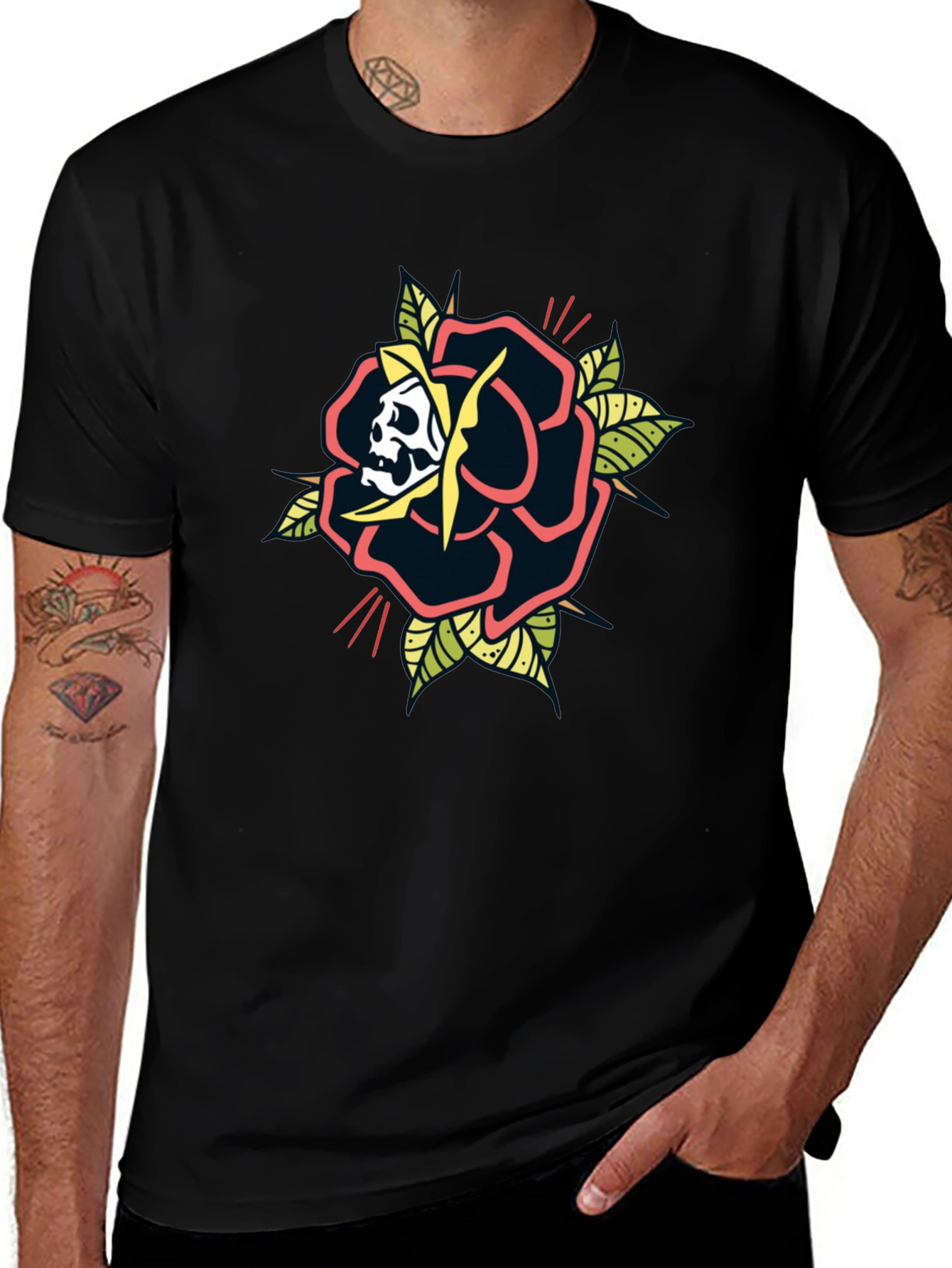 Variant 6 of Skull Rose Graphic Tee - Men's Black Cotton T-Shirt