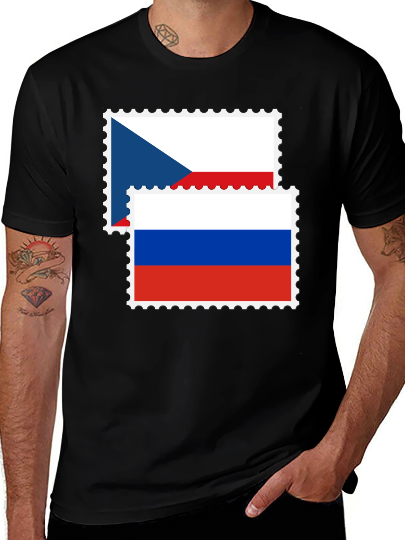 Czech Russia Flag Stamp Black Graphic Tee
