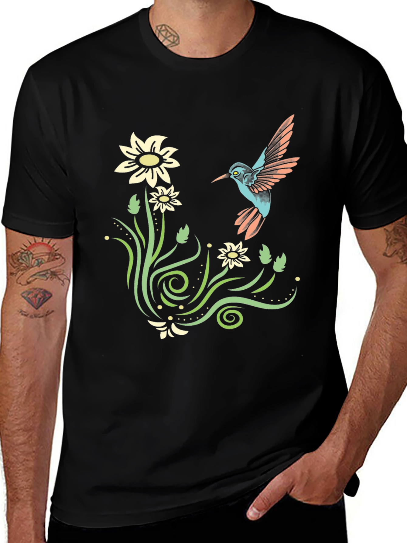 Variant 14 of Hummingbird & Floral T-Shirt - Black Cotton Tee