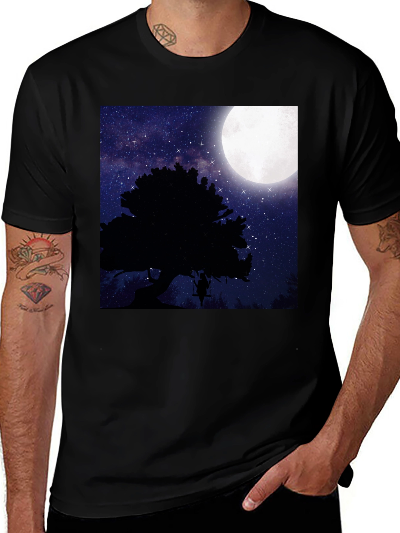 Variant 14 of Moonlit Swing T-Shirt - Night Sky Tree Silhouette