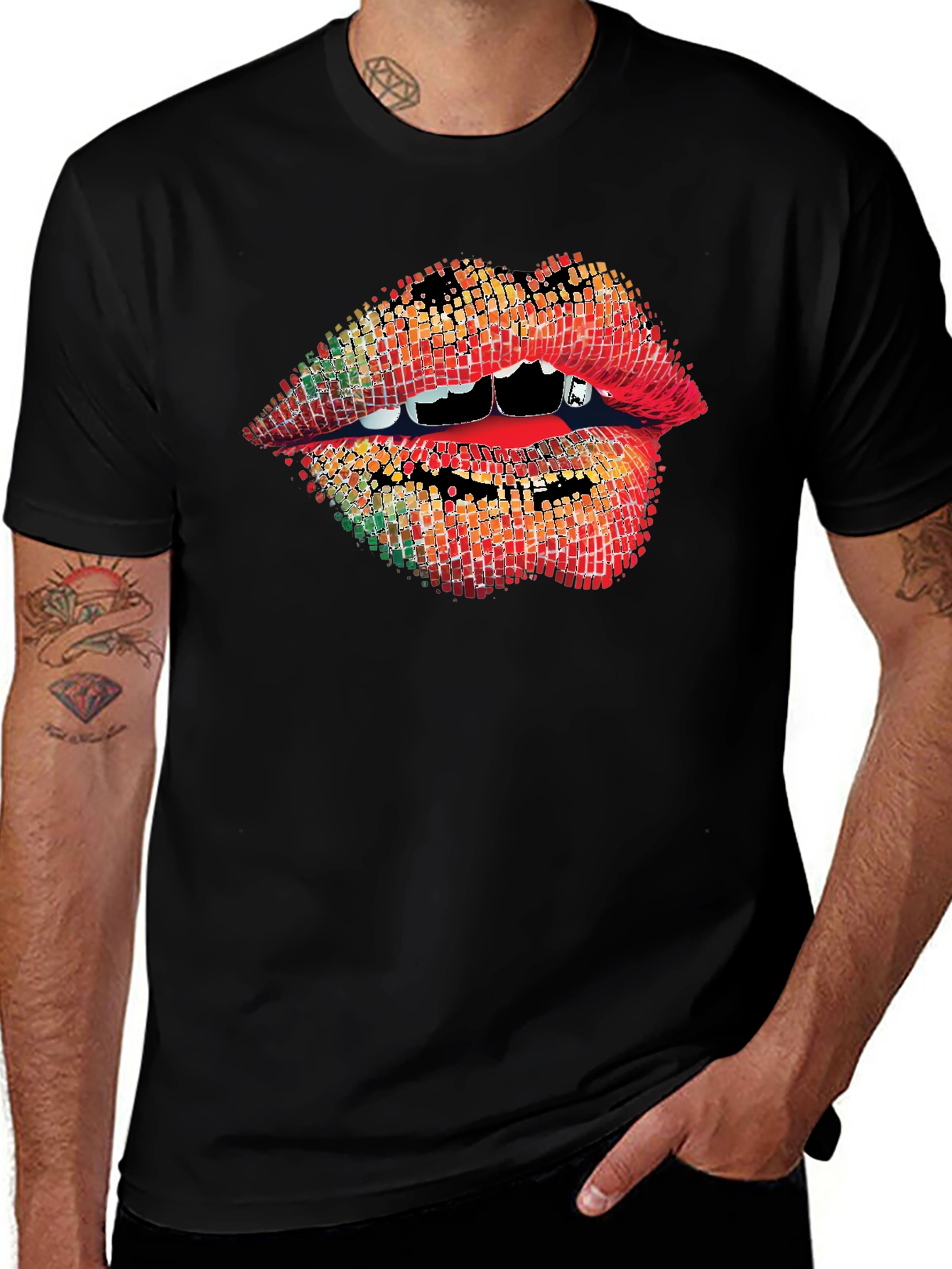 Black Vampire Lips Graphic Tee - Unique Pixelated Mouth Design main image