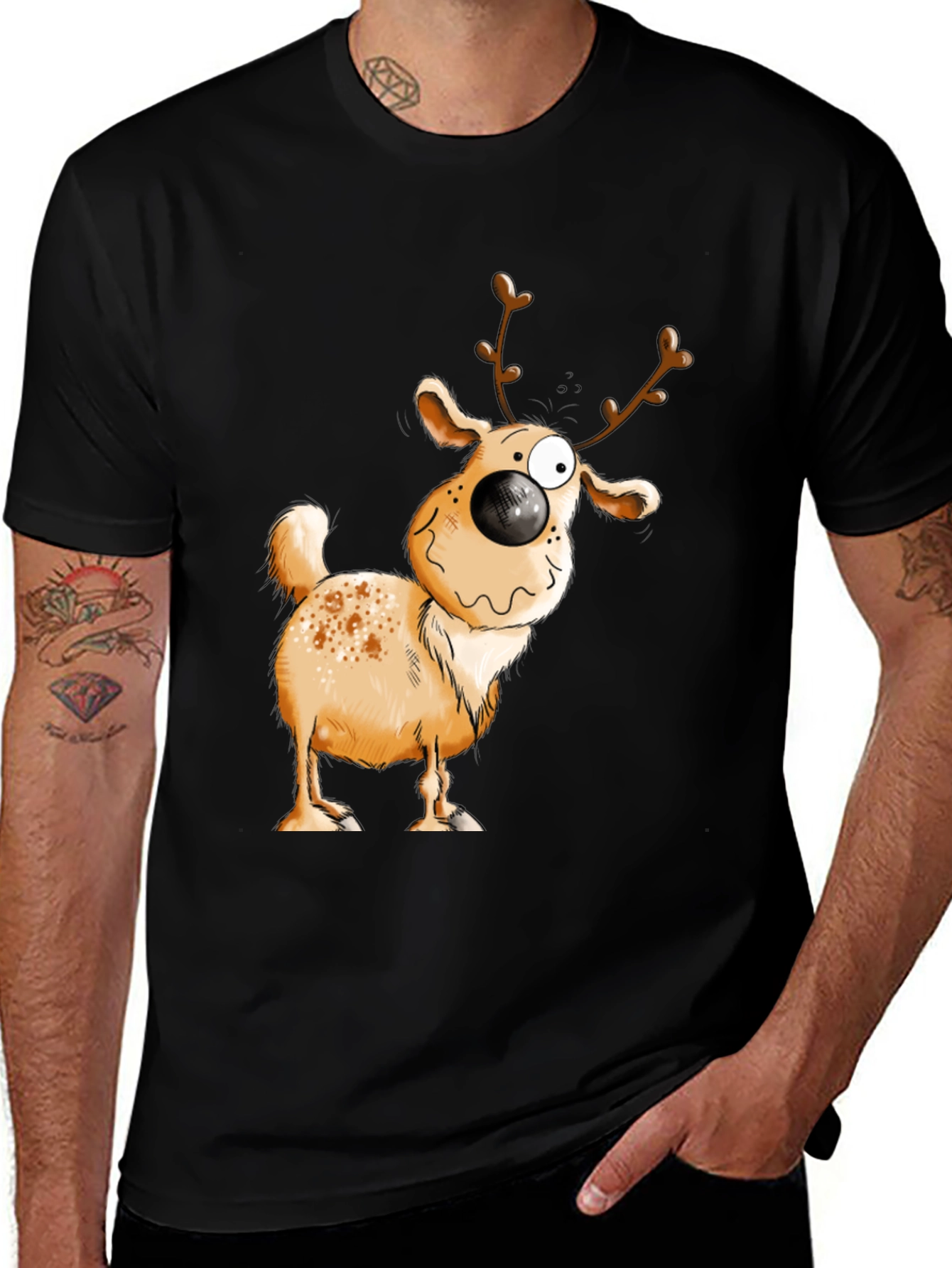 Variant 5 of Cartoon Reindeer Graphic Tee - Black Short Sleeve Shirt