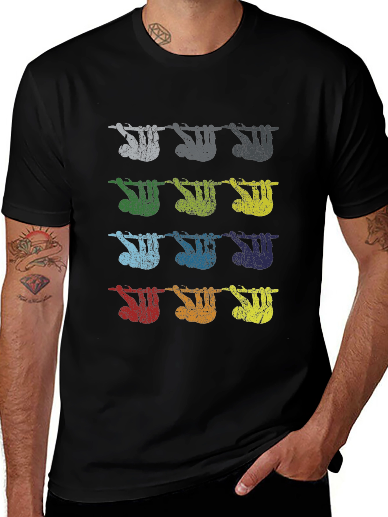 Variant 11 of Sloth T-Shirt: Colorful Hanging Sloths, Black Tee