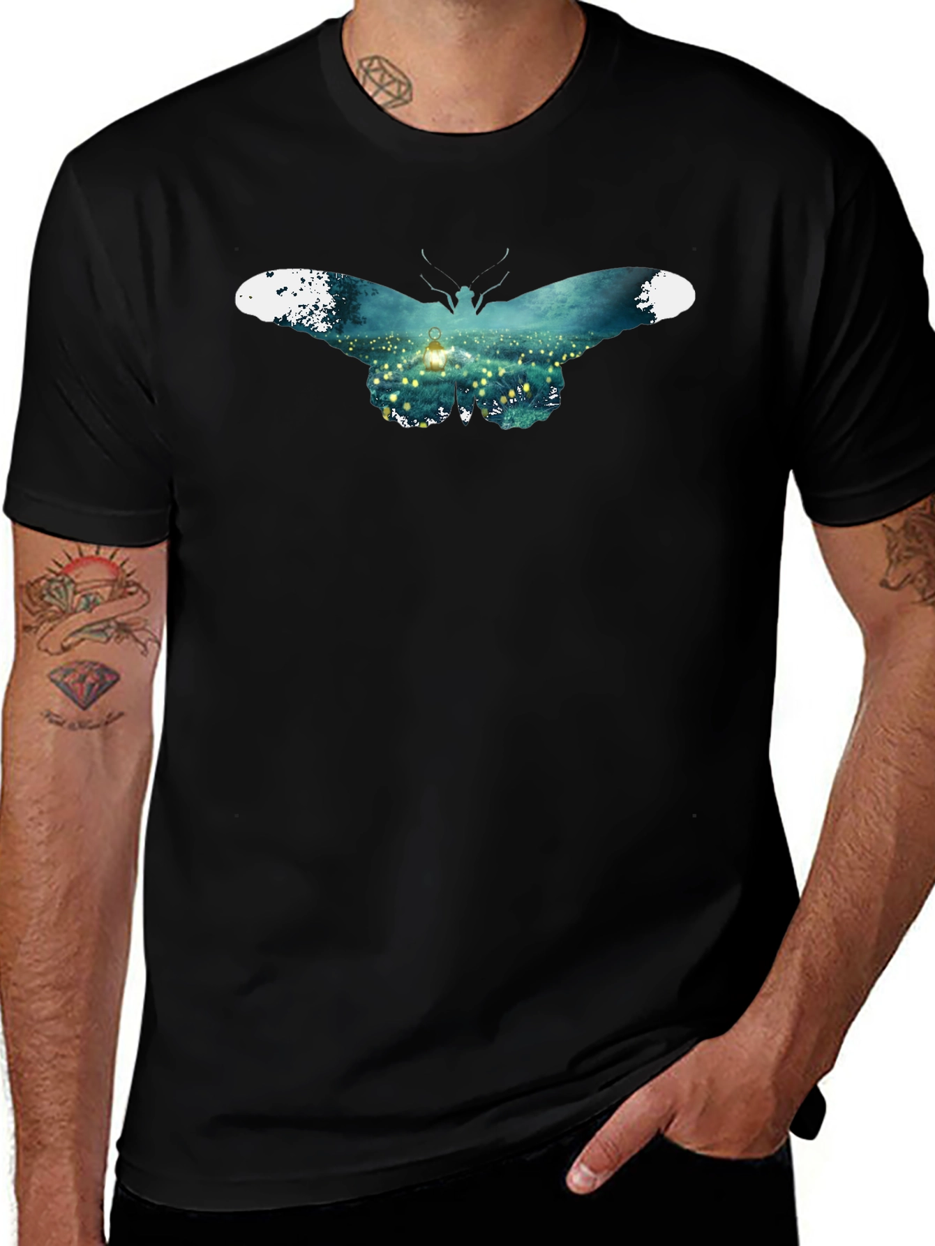 Butterfly Lantern Graphic Black T-Shirt