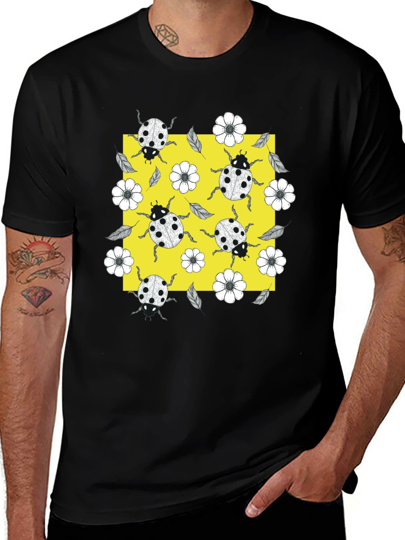 Variant 20 of Ladybug & Floral Print Crew Neck Tee - Black