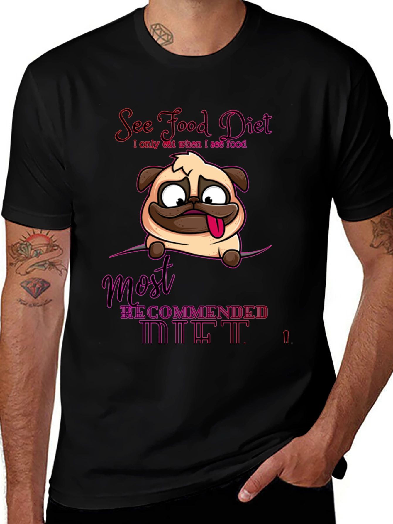 Variant 4 of See Food Diet Black T-Shirt with Pug Design