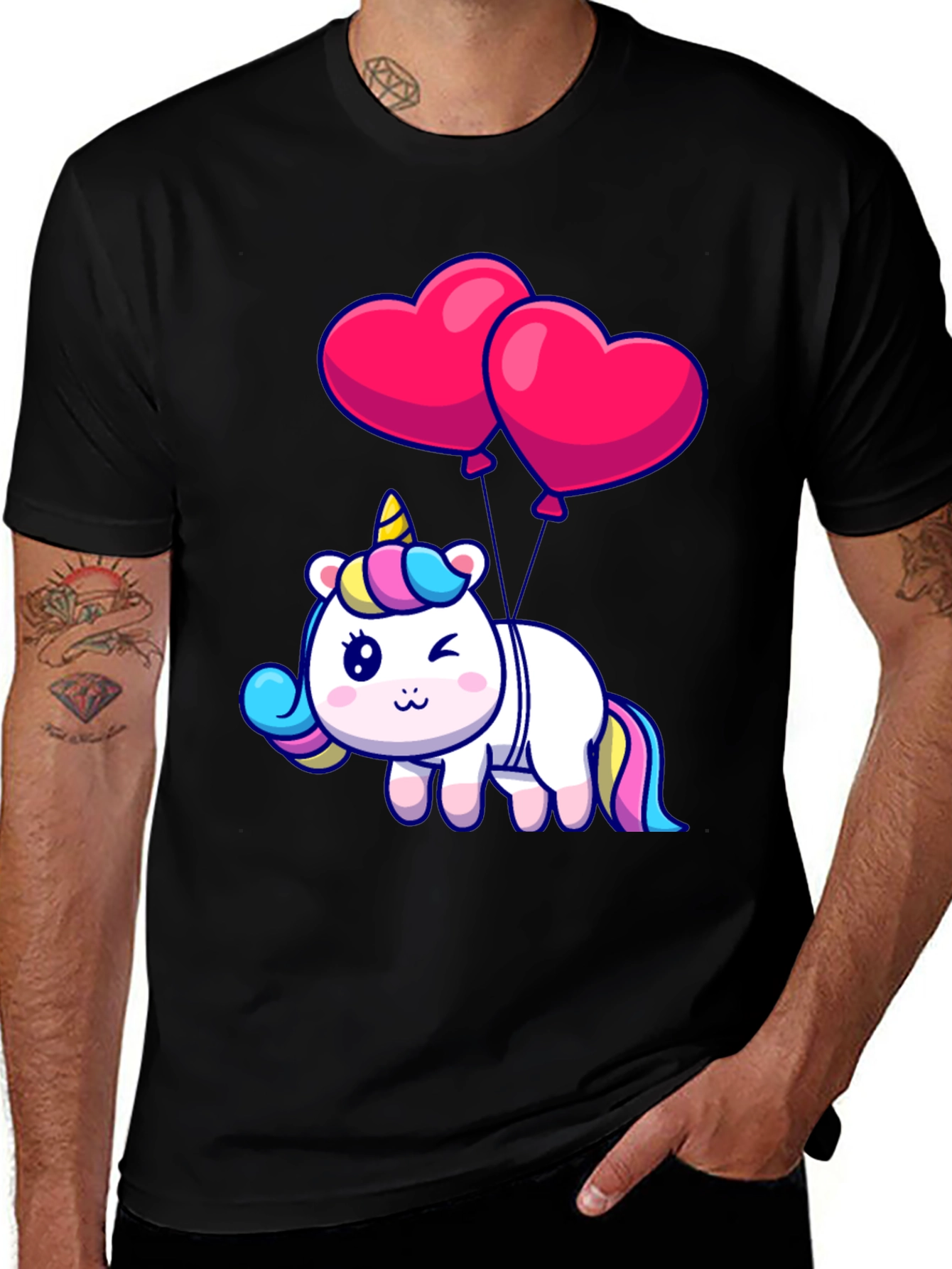 Black Unicorn with Heart Balloons Graphic Tee main image