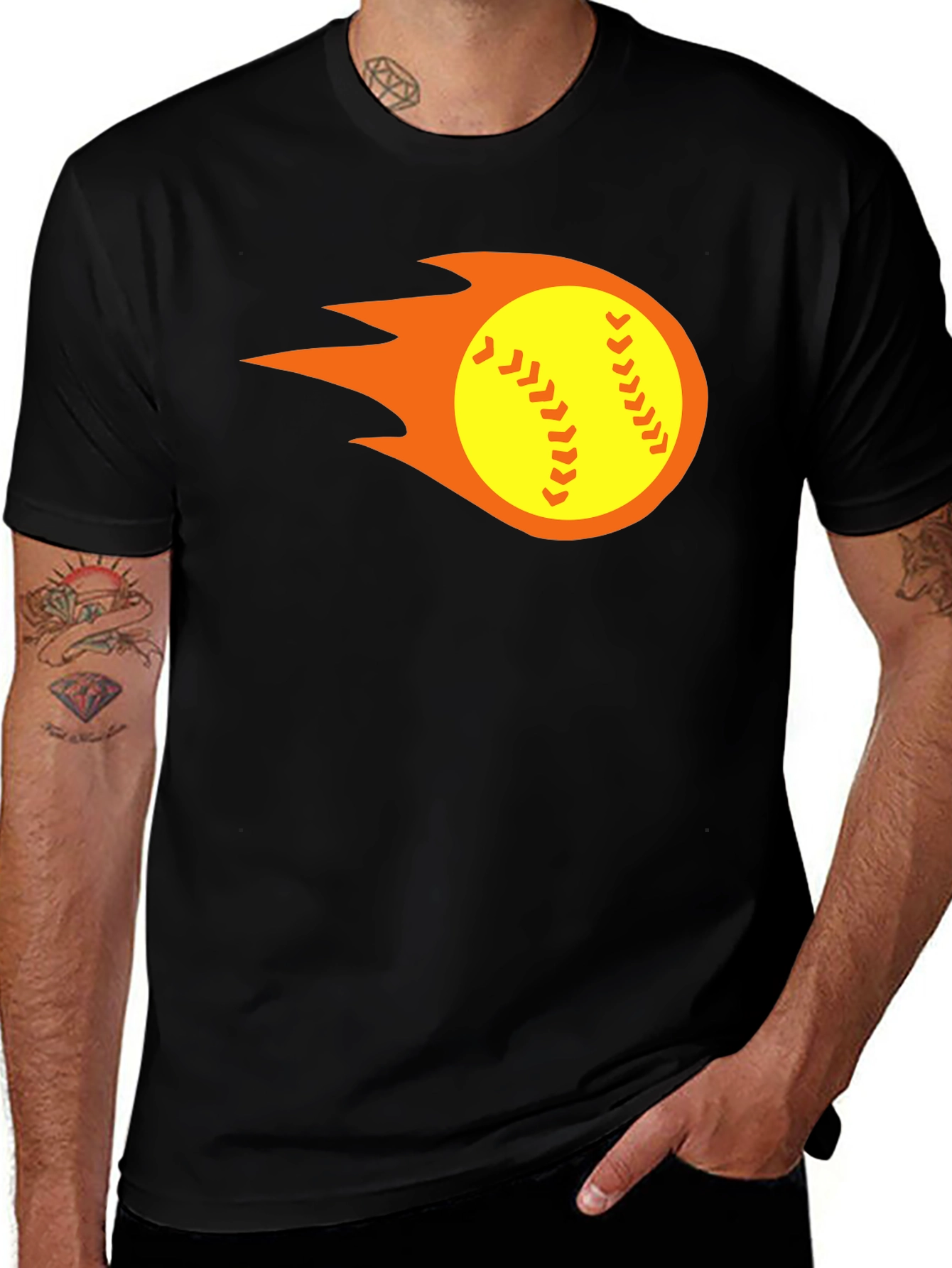 Variant 24 of Flaming Softball Graphic Tee - Black Cotton