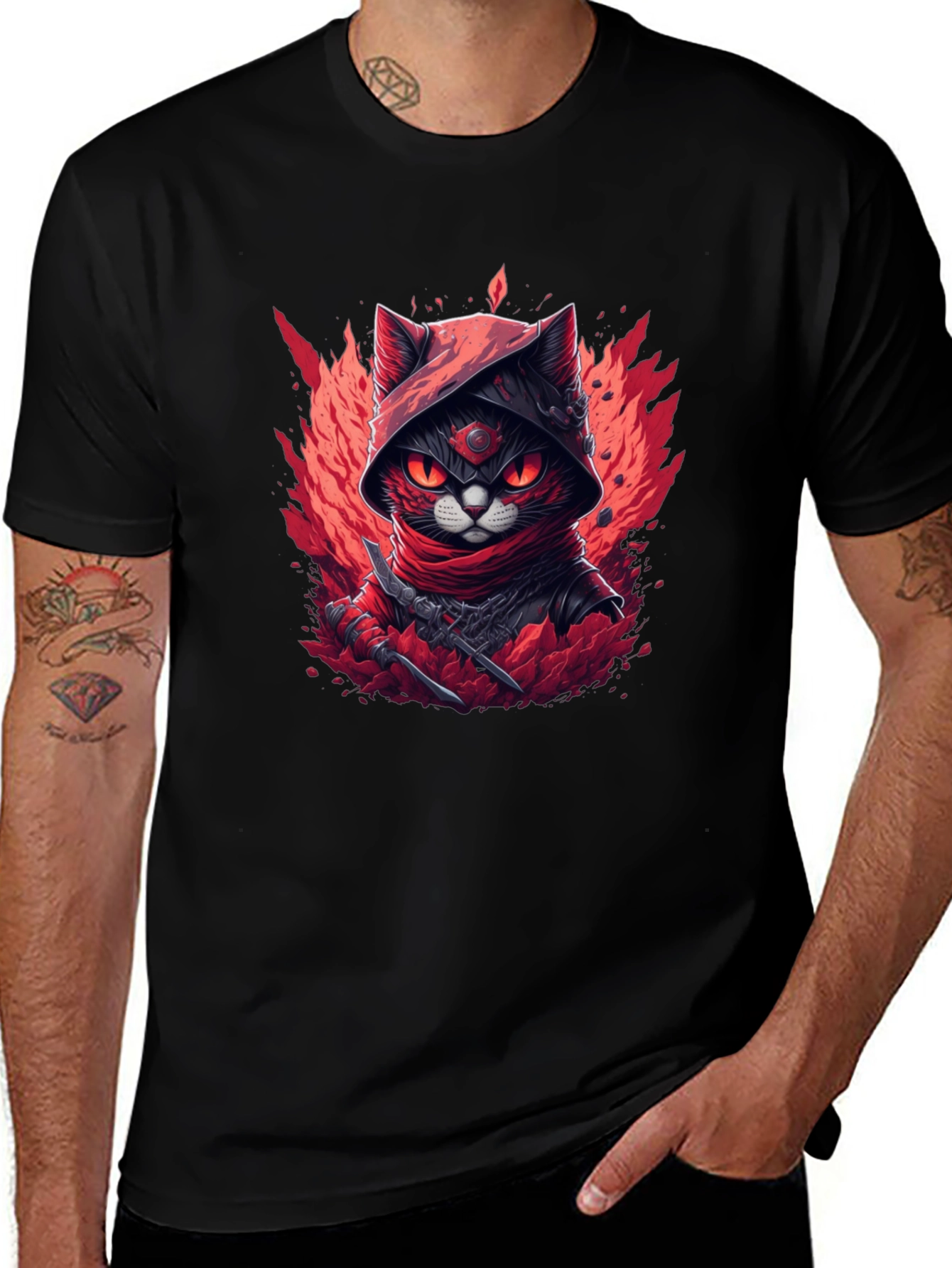 Variant 6 of Ninja Cat Graphic T-Shirt - Red & Black