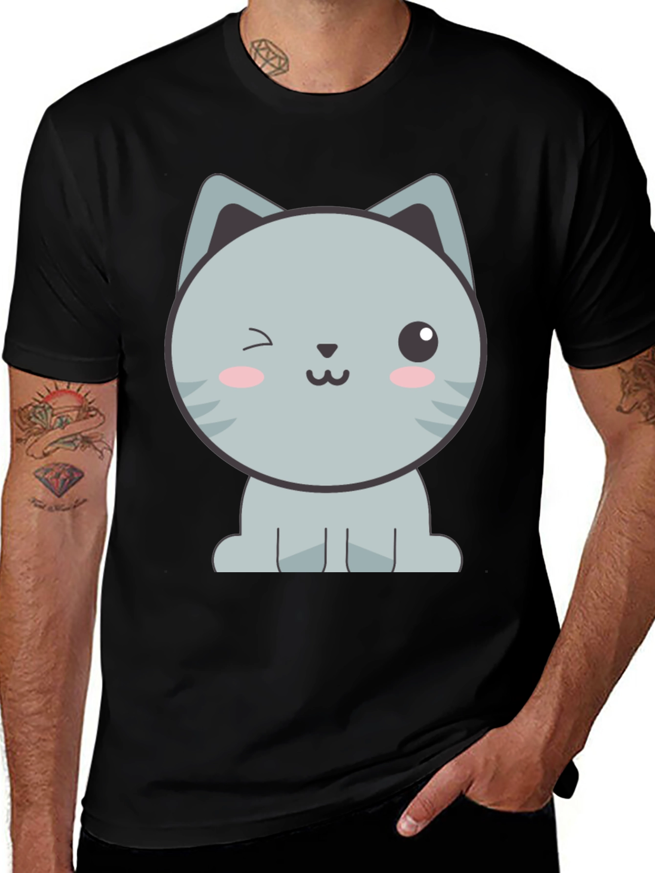 Variant 23 of Cute Cartoon Cat Graphic Black T-Shirt