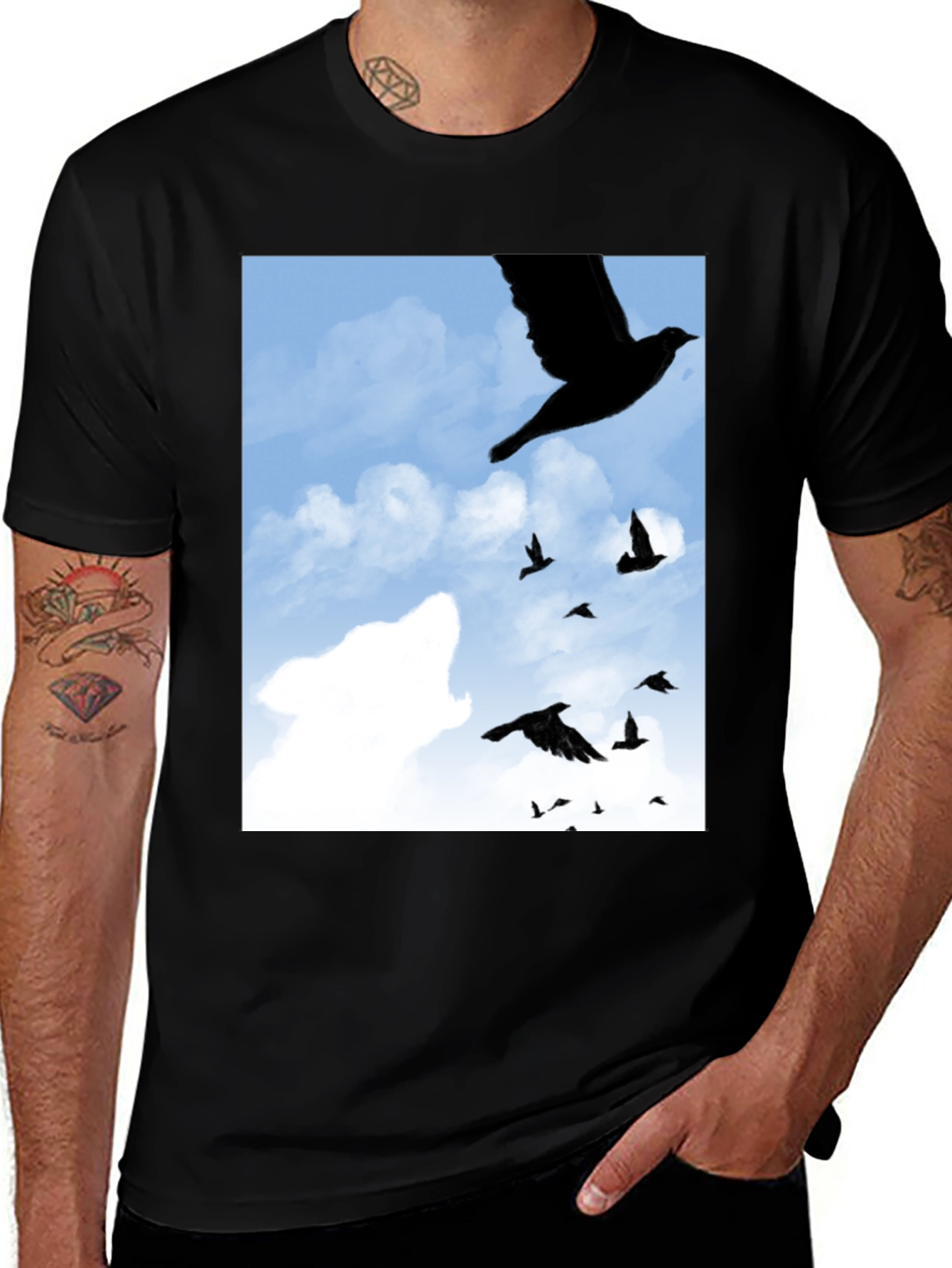Variant 5 of Black T-Shirt with Sky & Birds Graphic