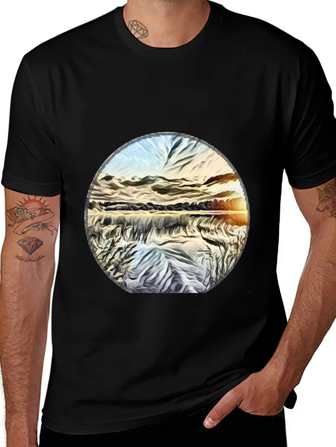 Variant 5 of Sunset Lake Graphic Tee - Black Casual T-Shirt