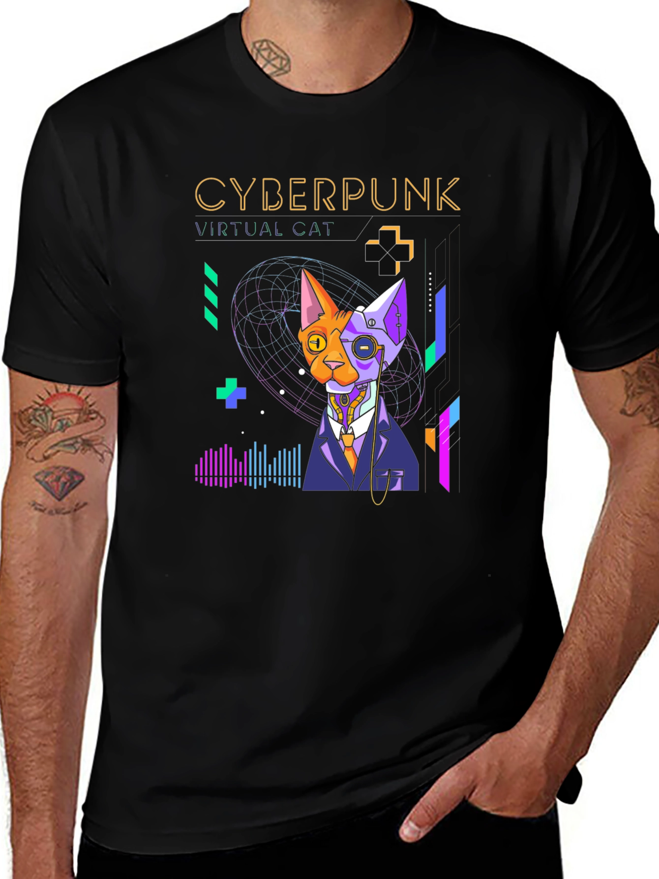 Variant 3 of Cyberpunk Virtual Cat T-Shirt - Cool Futuristic Design