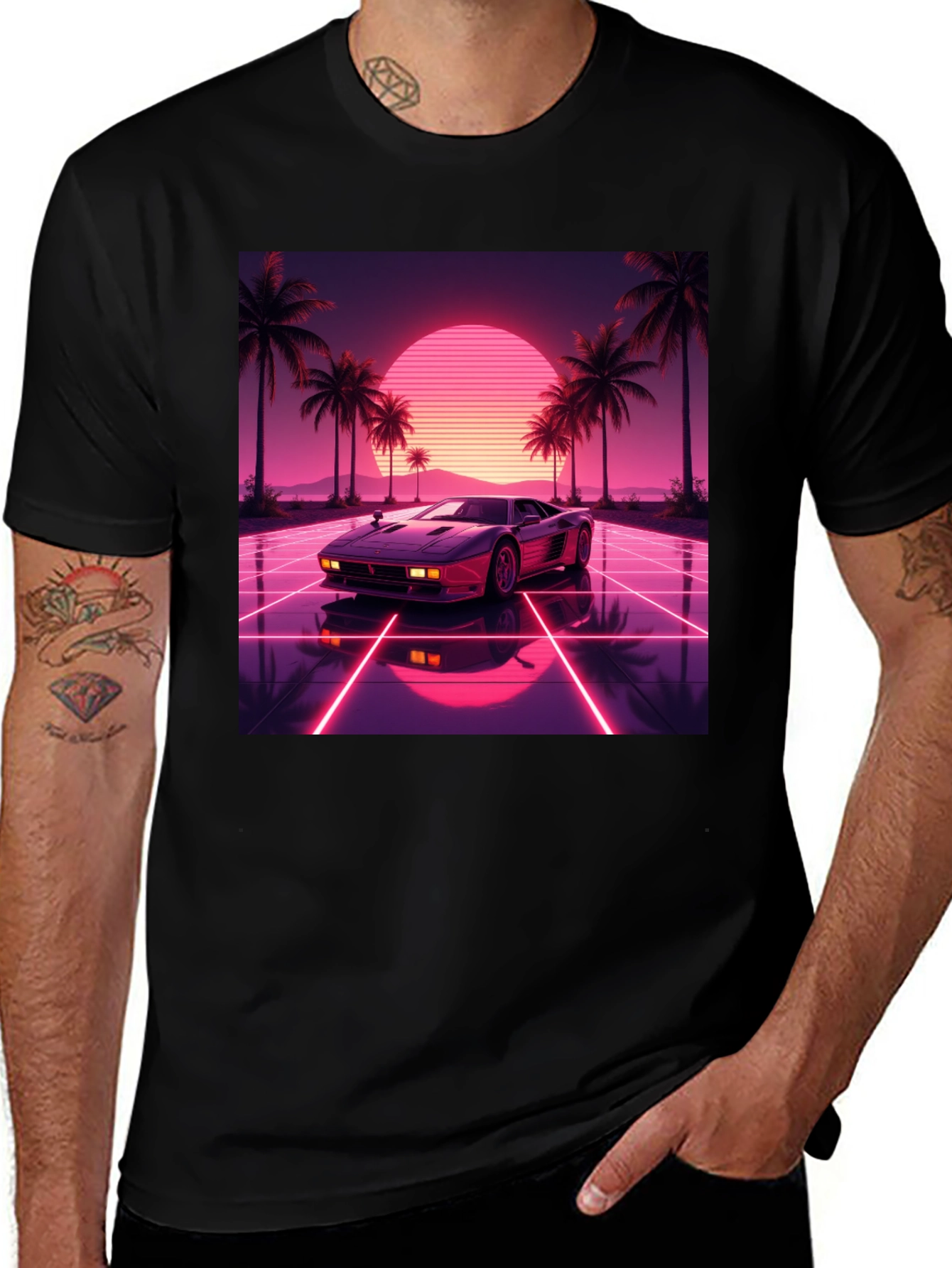 Variant 20 of Retro Wave Car Graphic Tee - Black Cotton Blend
