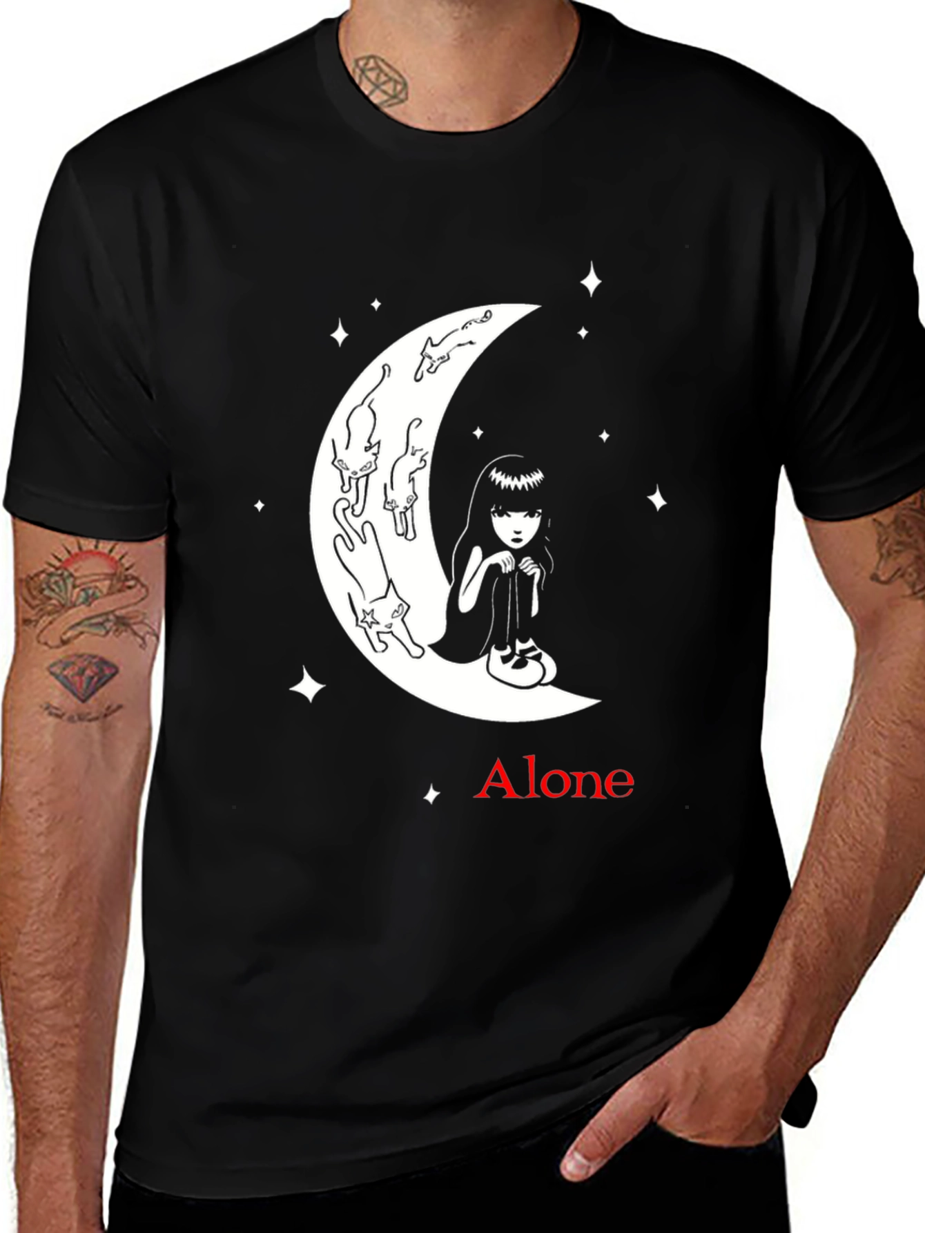 Variant 23 of Alone Girl and Cats on Moon Graphic T-Shirt