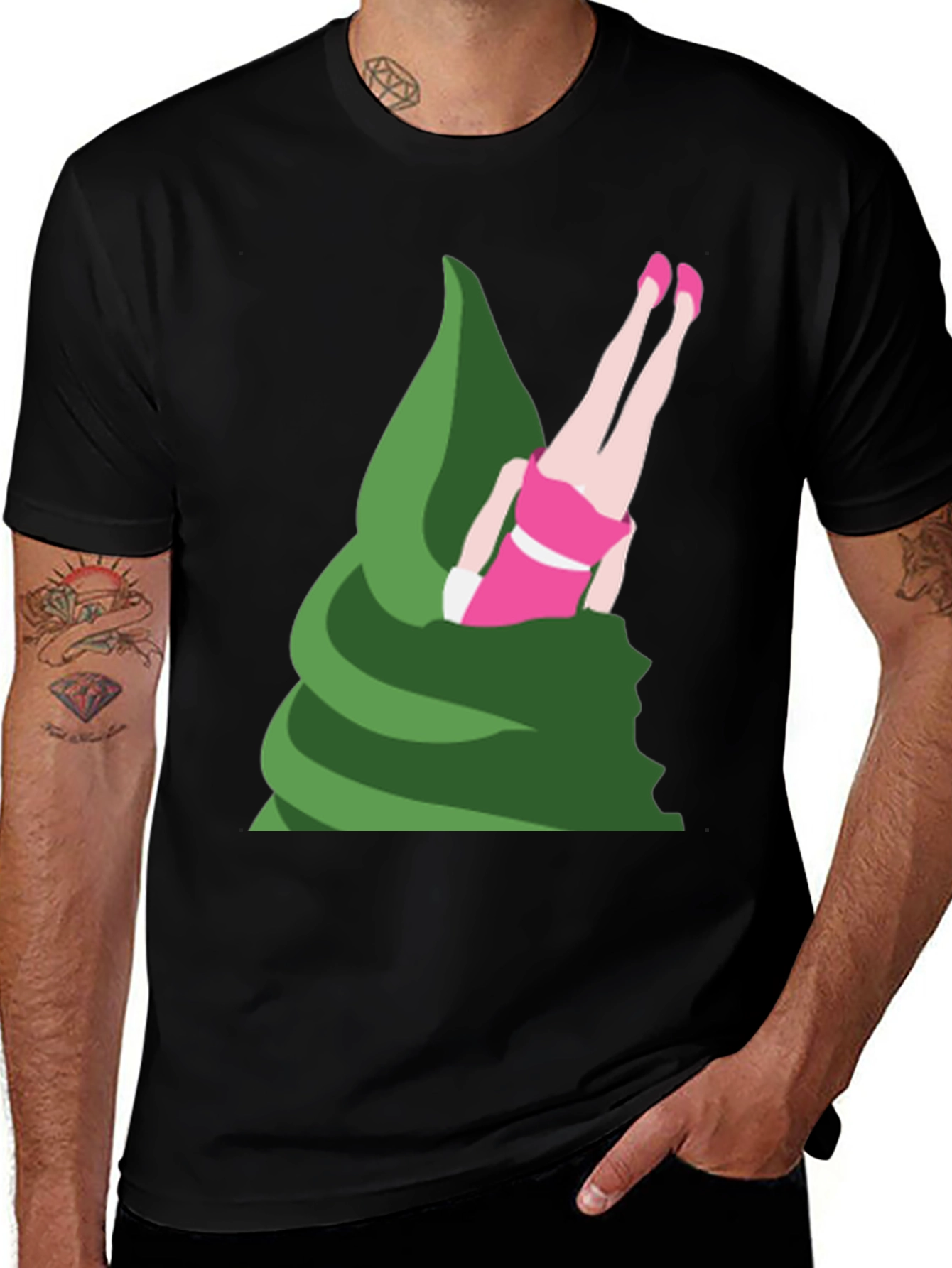 Variant 27 of Novelty T-Shirt - Upside Down Girl in Green Swirl