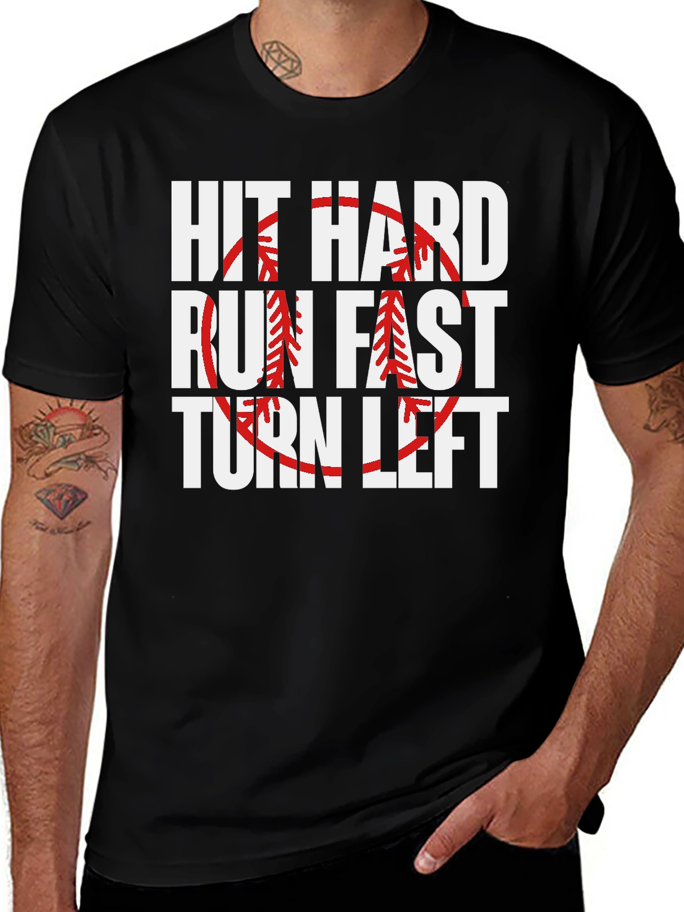Variant 20 of Hit Hard Run Fast Turn Left Baseball Graphic Tee