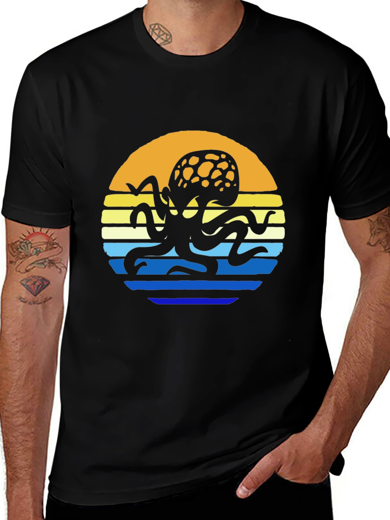Variant 17 of Sunset Octopus Graphic Tee - Black Cotton T-Shirt
