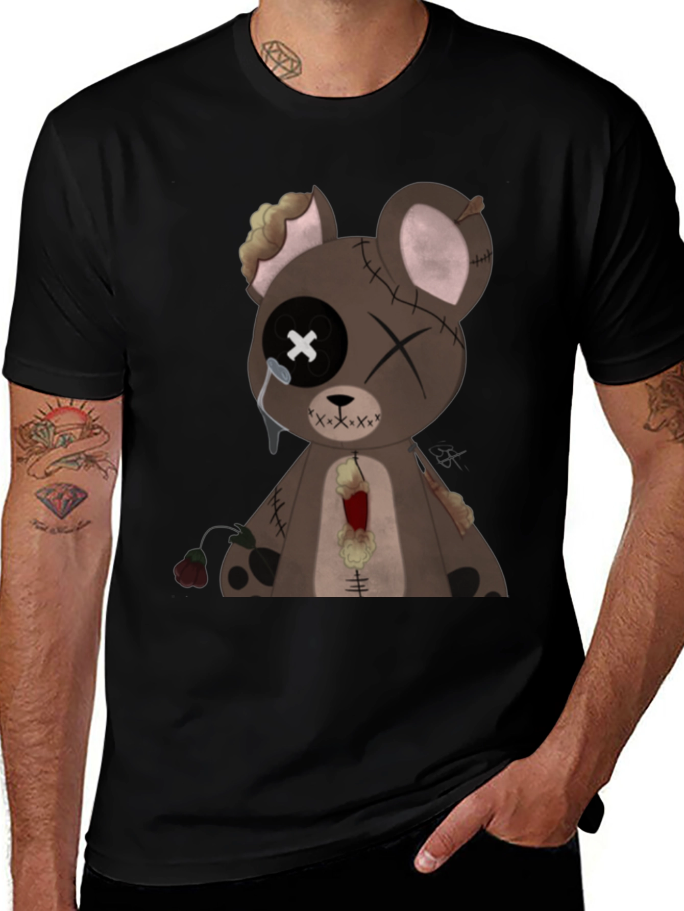 Variant 11 of Distressed Teddy Bear Graphic Tee - Men's Black T-Shirt