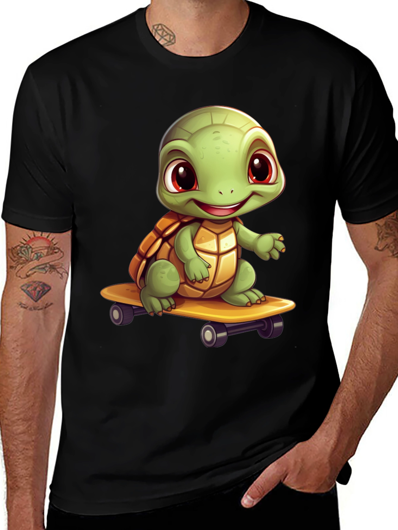 Variant 28 of Cartoon Turtle Skateboard Graphic Tee - Black