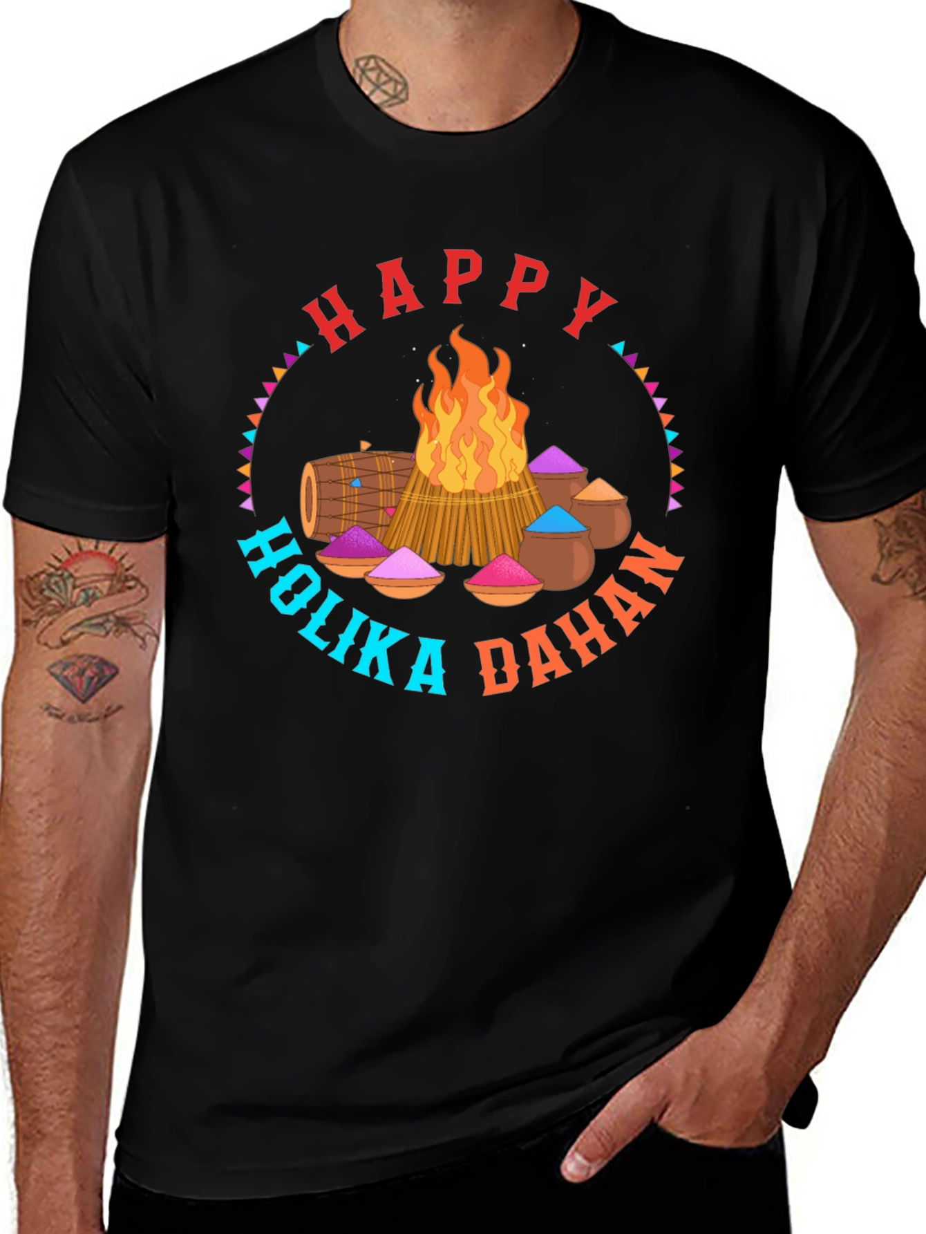 Happy Holika Dahan Graphic Tee - Festive Bonfire Design