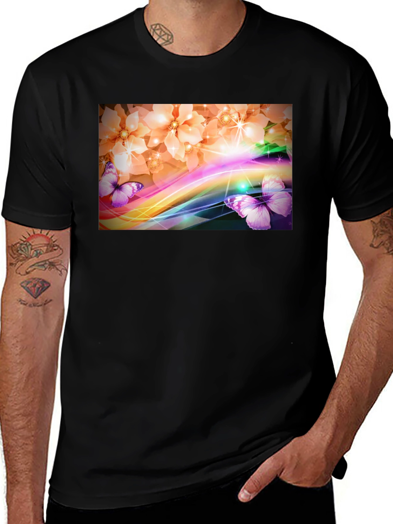 Variant 24 of Floral Butterfly Graphic Black T-Shirt