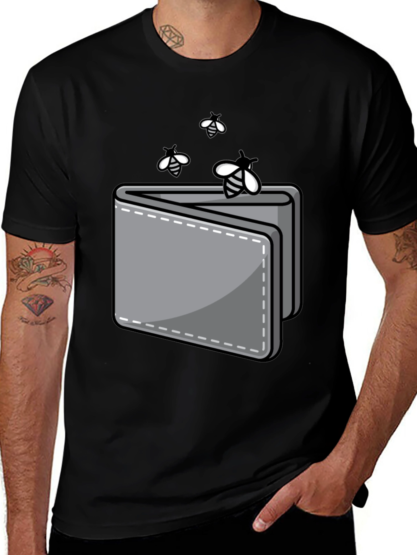 Funny Wallet and Bees Graphic Tee - Black Crew Neck Shirt