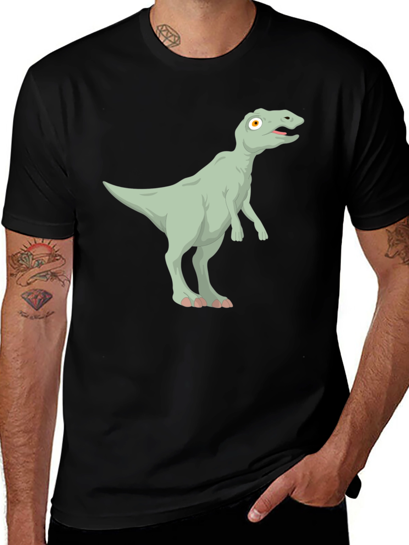 Black Cartoon Dinosaur Graphic Tee - Black Cotton T-Shirt main image