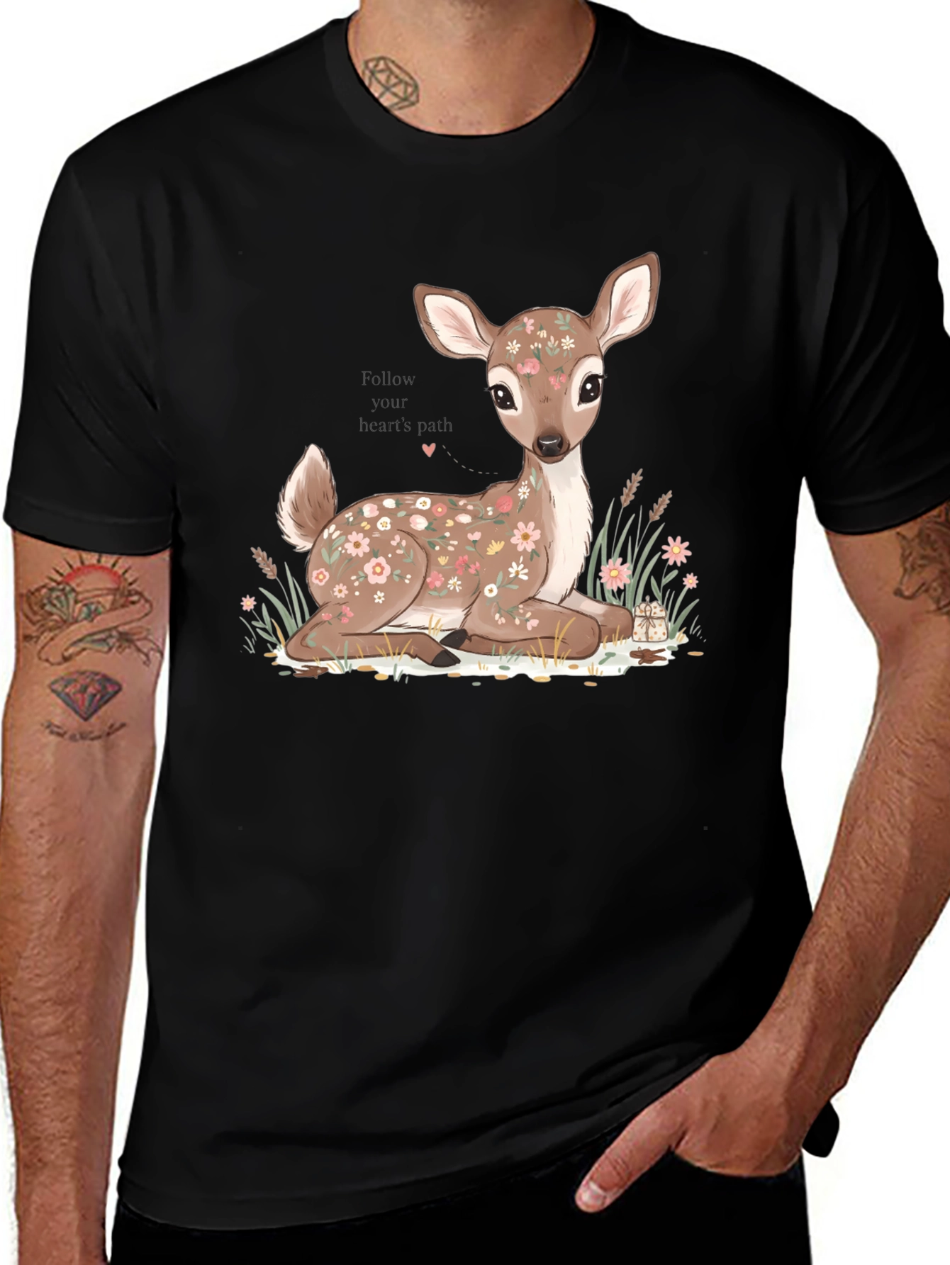 Variant 4 of Floral Deer Graphic Tee - Black Unisex T-Shirt