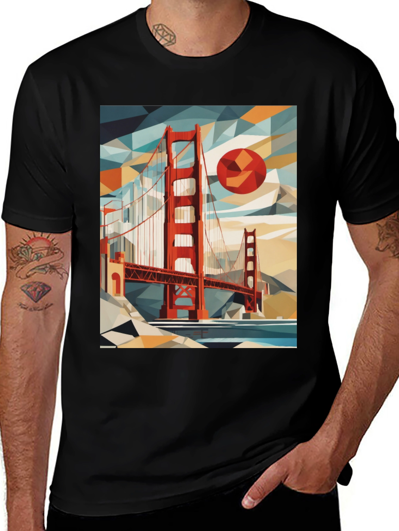Golden Gate Bridge Geometric Art Black T-Shirt