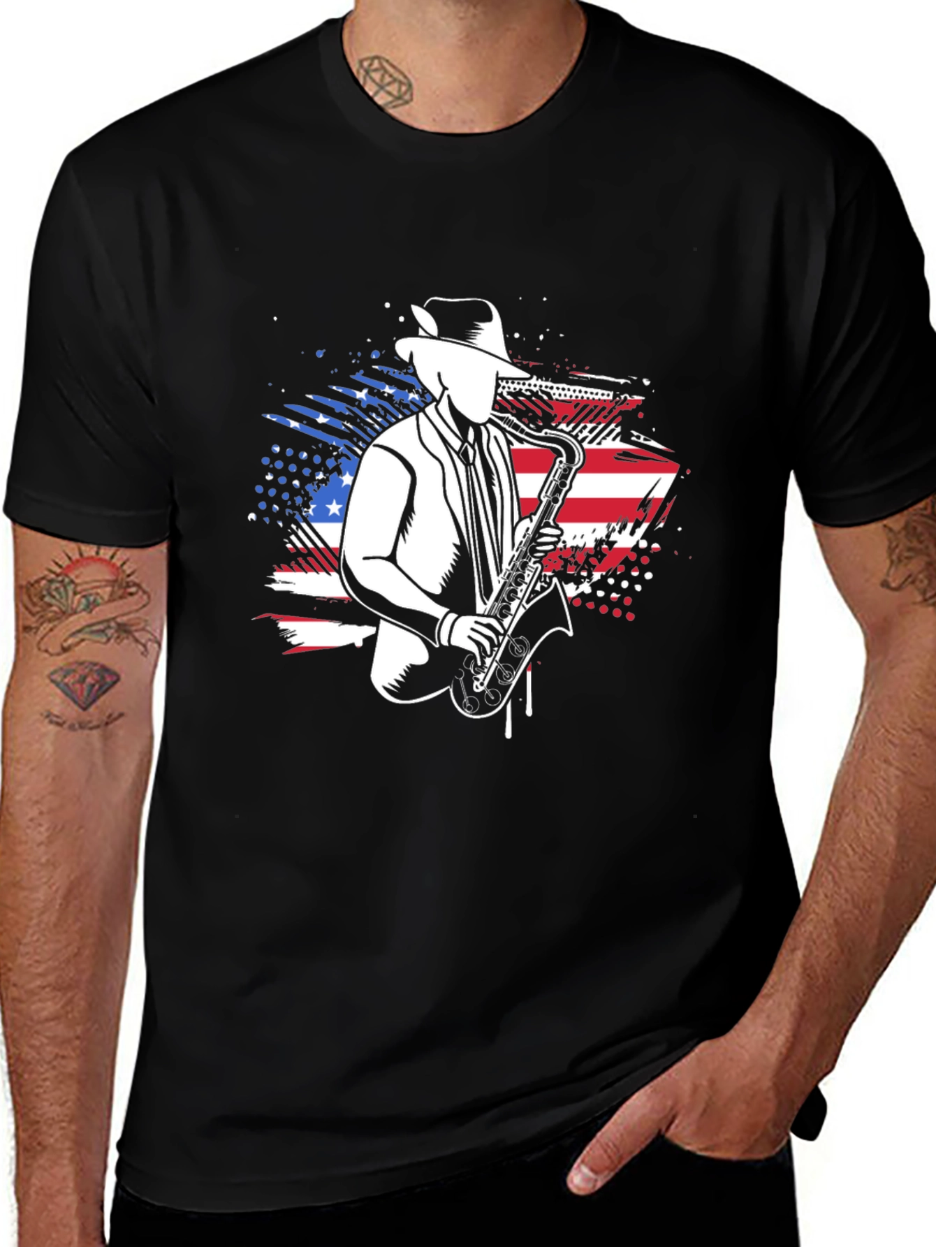 Variant 13 of Saxophone Player T-Shirt - Musical American Flag Design