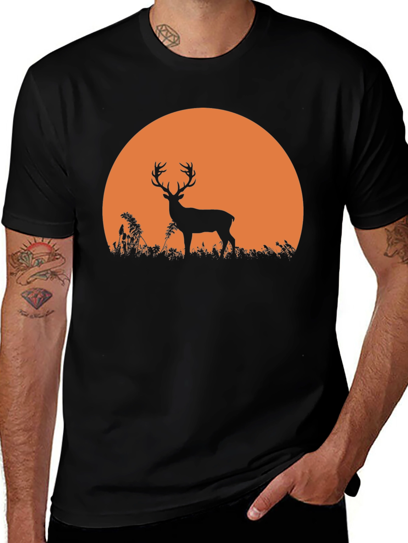 Variant 16 of Deer Sunset Graphic Tee - Nature Inspired Black T-Shirt
