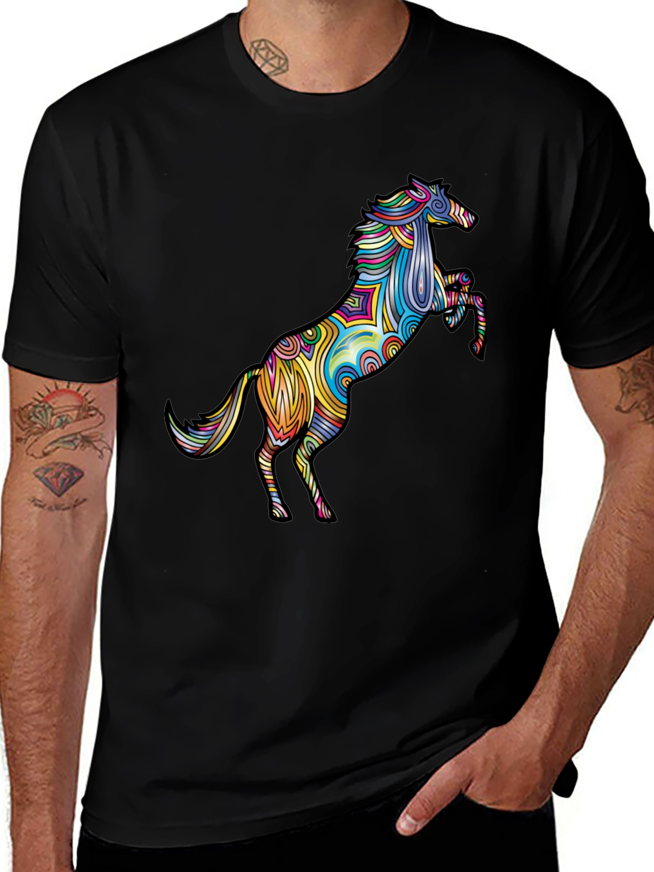 Variant 4 of Psychedelic Horse Graphic Tee - Black Cotton Comfort