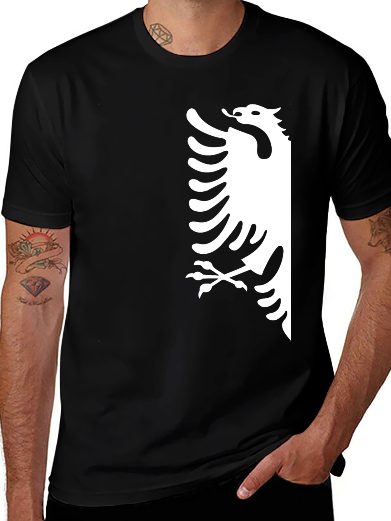 Variant 28 of Men's Black T-Shirt with White Eagle Design