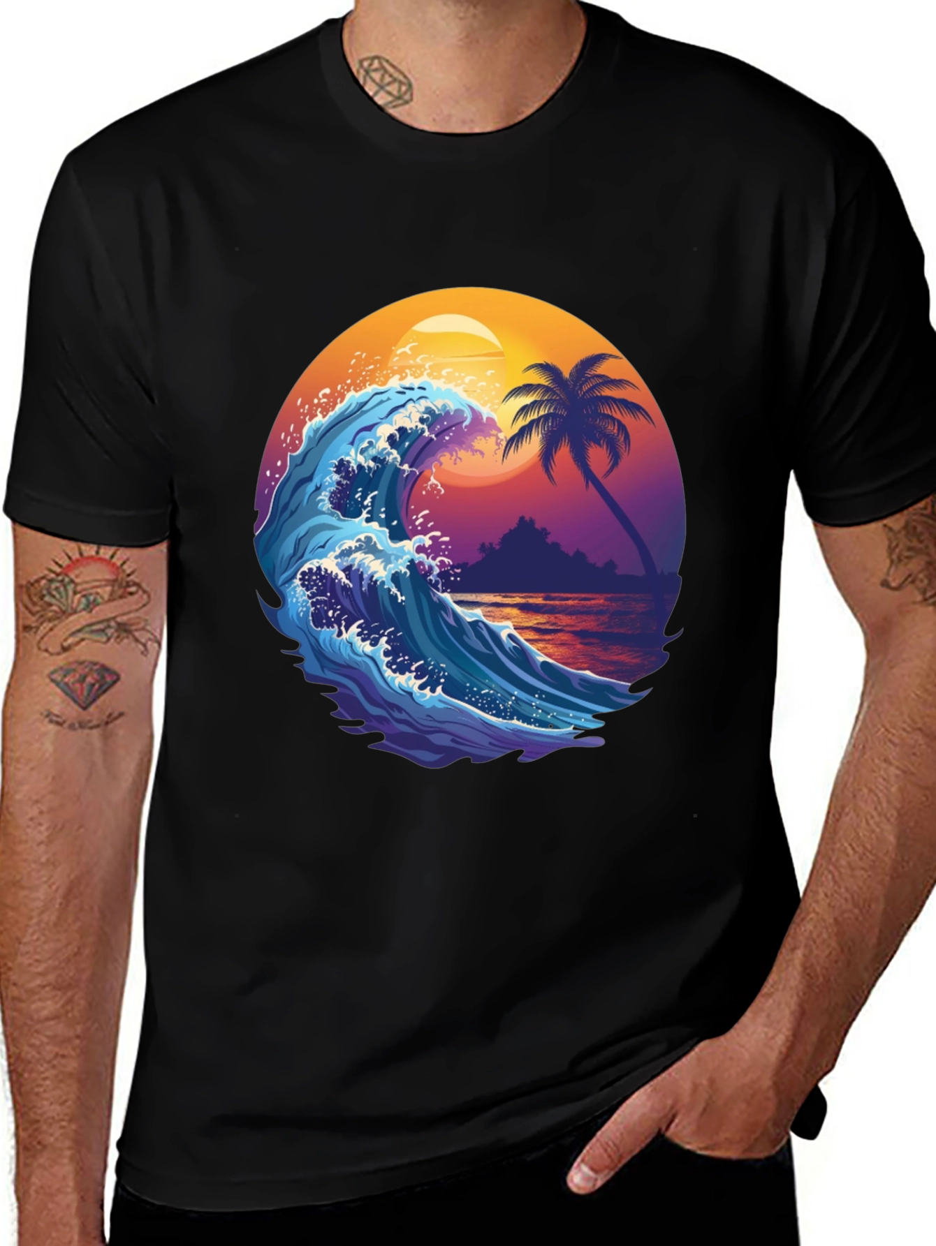 Black Wave & Palm Tree Graphic Tee - Tropical Summer Vibes! main image