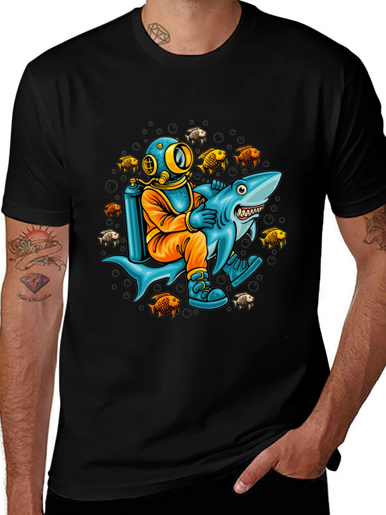 Variant 24 of Diver Riding Shark Graphic Tee - Unique Design