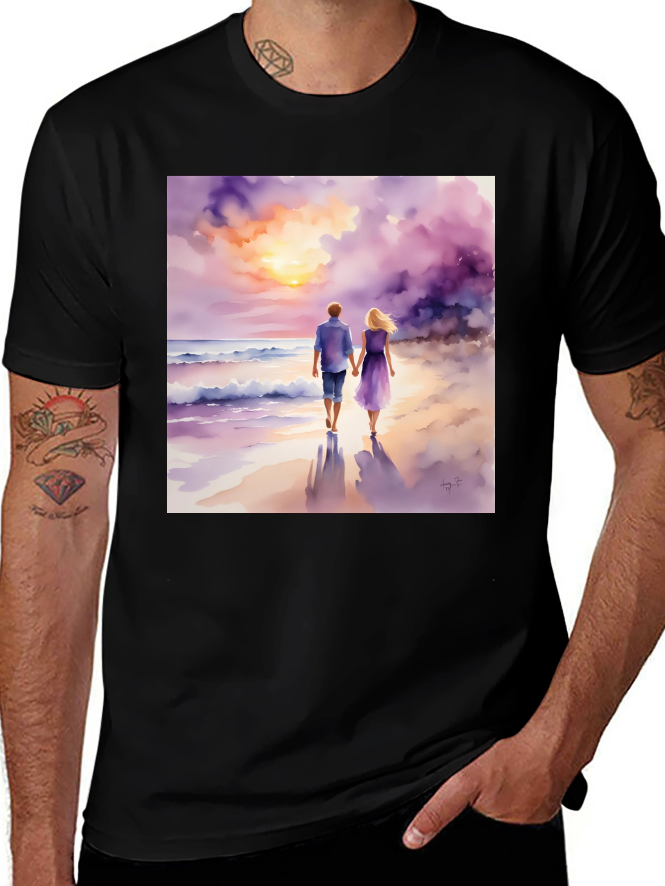 Variant 5 of Sunset Beach Couple Graphic Tee - Soft Cotton Casual Wear